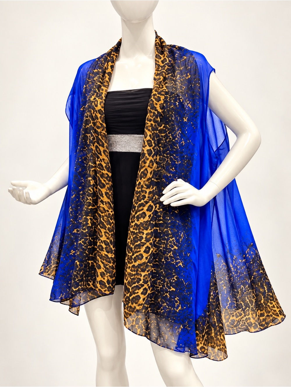 Leopard Print Electric Blue Chiffon Kimono Vest Shawl Cover Up OS
